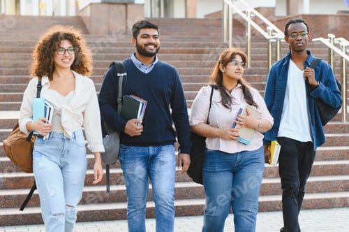 Preview: Diverse students walking on university campus stairs