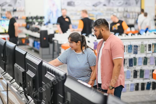 Preview: Beautiful couple buying consumer tech products in modern home appliances store. They are choosing ho