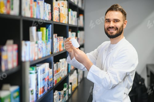 Preview: Pharmacist holding medicine bottle in front of pharmacy shelves