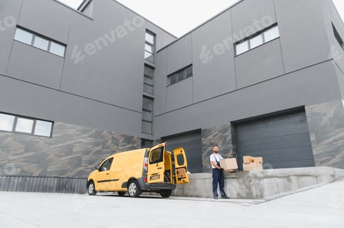 Preview: Delivery driver holding cardboard box near yellow van in front of warehouse