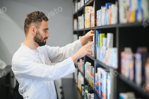 Preview: Pharmacist arranging medicine boxes on pharmacy shelves