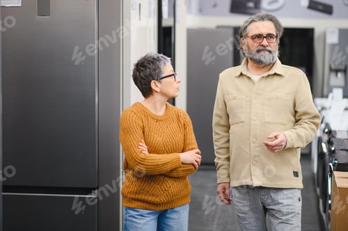 Preview: Mature couple shopping choosing refrigerator in appliance store