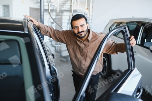 Preview: Man smiling checking new car for buying