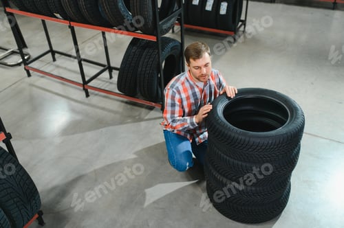 Preview: Portrait young man customer examining brand and product characteristics while buying new tires in au