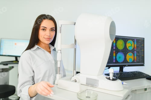 Preview: Woman standing by ophthalmic equipment in clinic