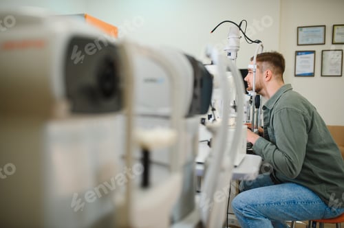 Preview: Man undergoing vision test with modern optometry equipment