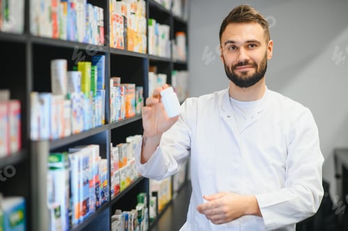 Preview: Pharmacist holding medicine bottle in pharmacy