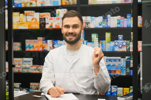 Preview: Pharmacist smiling holding pills blister inside pharmacy
