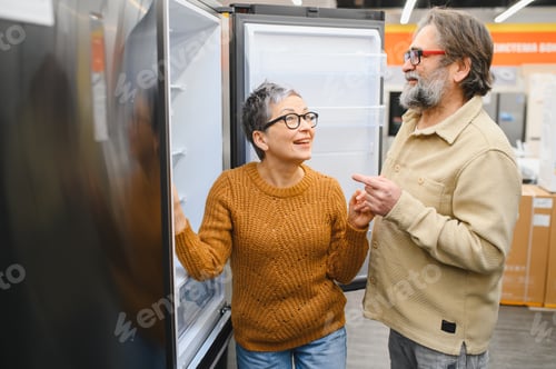 Preview: Senior couple choosing new refrigerator in appliance store