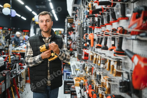 Preview: Portrait of young bearded man buying modern electric drill while standing in tool. Hardware construc