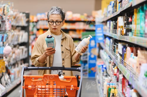 Preview: Woman making choices comparing products in supermarket