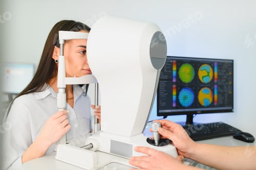 Preview: Woman getting comprehensive eye exam at ophthalmologist clinic