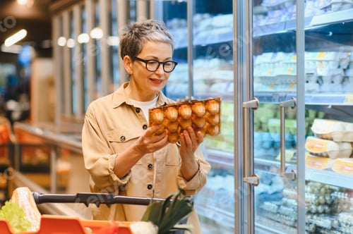 Preview: Senior woman choosing eggs in grocery store aisle