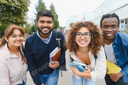 Preview: Diverse students smiling outside university campus