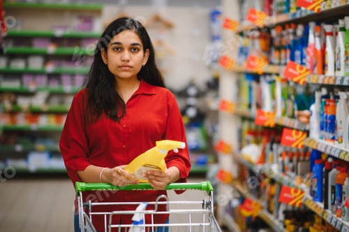 Preview: Woman shopping cleaning product in supermarket aisle