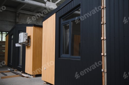 Preview: A new wooden modular prefabricated house inside in manufacturing facility