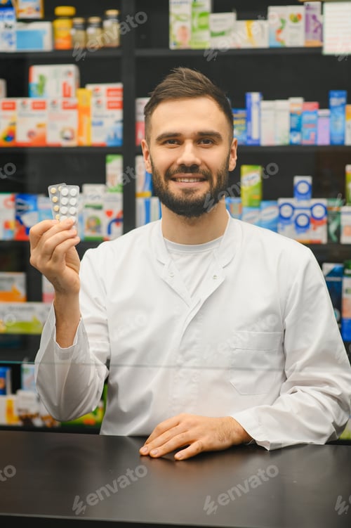 Preview: Pharmacist holding medicine pills blister in pharmacy
