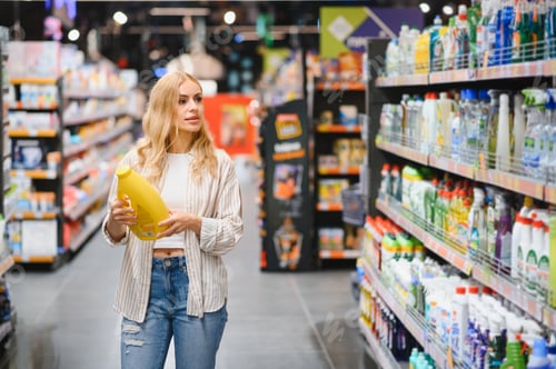 Preview: Young glad smiling woman buying household chemicals or laundry detergent at supermarket