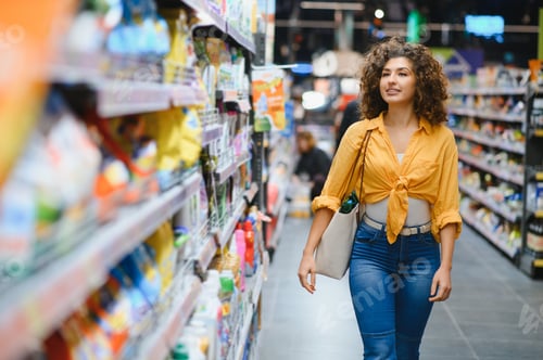 Preview: Woman shopping for groceries in supermarket aisle