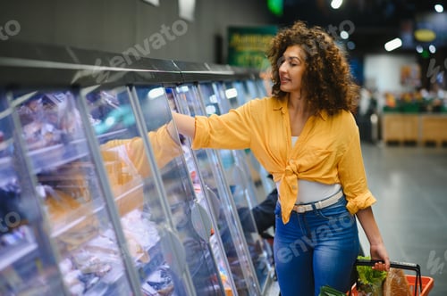 Preview: Woman choosing groceries from supermarket refrigerated display
