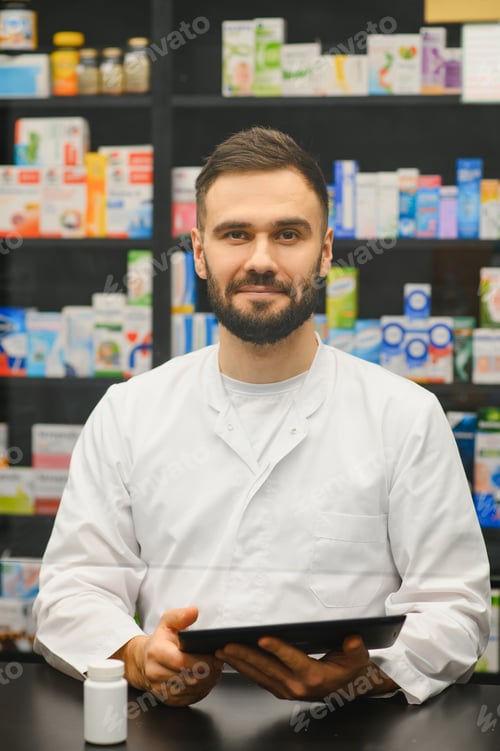 Preview: Pharmacist smiling holding digital tablet in pharmacy