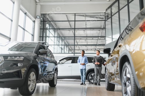 Preview: Portrait of male client talking to professional car dealer in dealership.