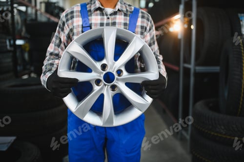 Preview: Mechanic holding new alloy wheel in tire store