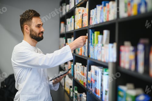 Preview: Pharmacist managing medicine inventory in drugstore with tablet