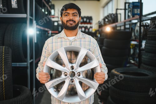 Preview: Indian man holding alloy wheel in tire store