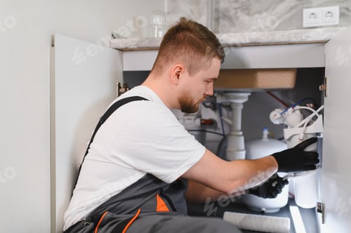 Preview: Plumber servicing water filter system under kitchen sink