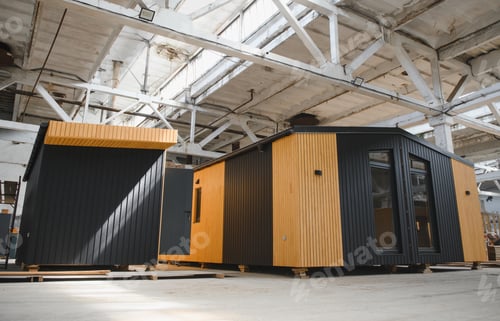 Preview: A new wooden modular prefabricated house inside in manufacturing facility