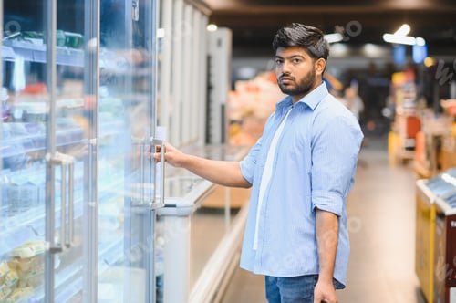Preview: Young indian man opening refrigerator in supermarket