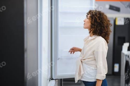 Preview: Customer choosing new refrigerator in electronics store