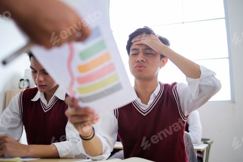 Preview: Stressed Male Student Holds His Forehead in Despair While Looking at Failing Grade Chart