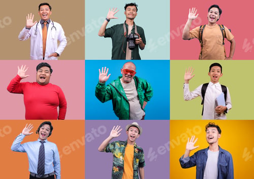 Preview: Collage of Diverse Asian Men Waving Hands with Friendly Smiles, Showcasing Various Professions, Ages