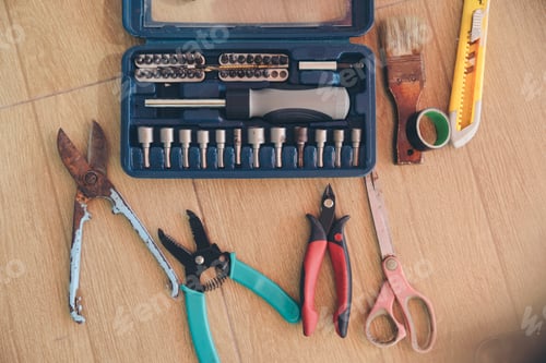 Preview: Tool Hand For work construction. Top view of screwdriver, screw, Pliers and wrench in toolbox placed