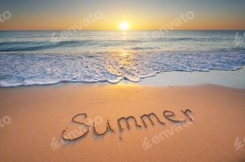Preview: Summer Word In Sand Beach Ocean Wave Sunrise Sun. Travel Background Holiday Calendar Design