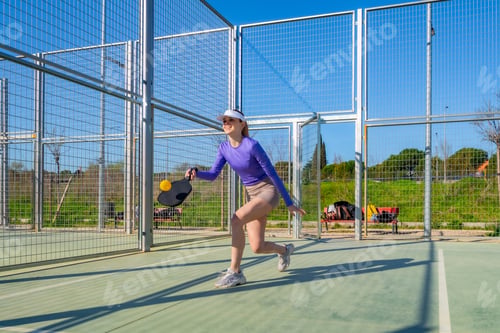 Preview: Woman playing pickleball holding paddle on outdoor court