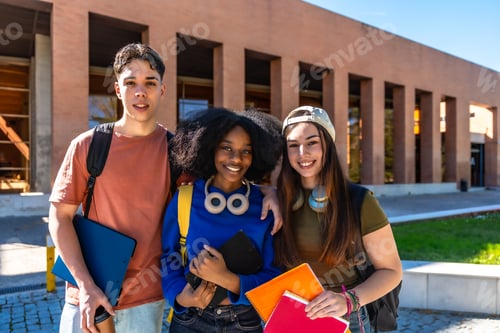 Preview: Diverse students friends smiling on university campus