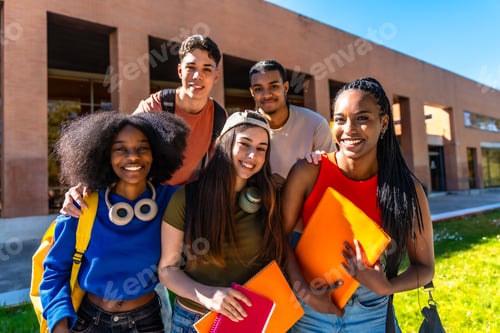 Preview: Group of diverse university students smiling on campus