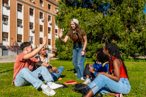 Preview: Diverse students high fiving on university campus lawn