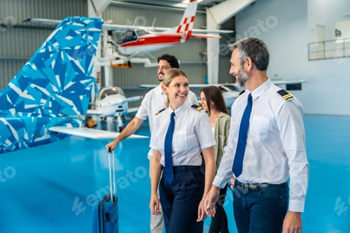 Preview: Pilots and passengers walking in airplane hangar