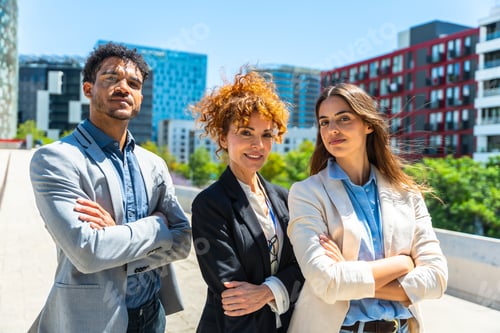 Preview: Diverse business people team collaborating outdoor in city