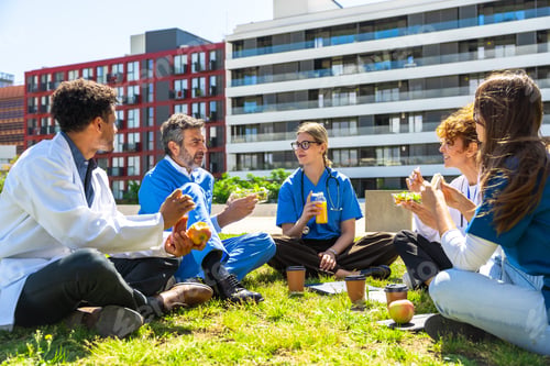 Preview: Healthcare team discussing wellness while enjoying healthy lunch outdoors