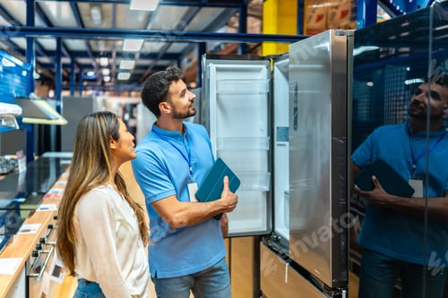 Preview: Sales assistant showing refrigerator to female customer in appliance store