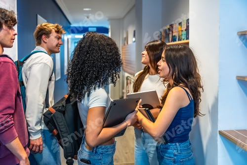 Preview: Young students collaborating and discussing in college hallway