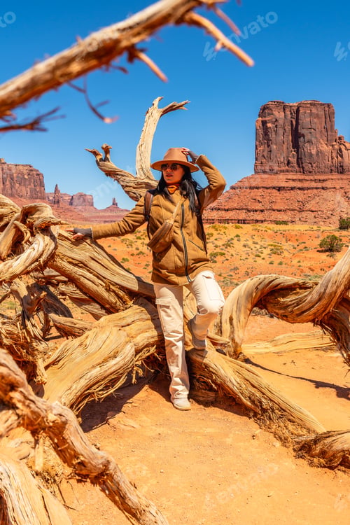 Preview: Woman exploring monument valley desert landscape and rock formations