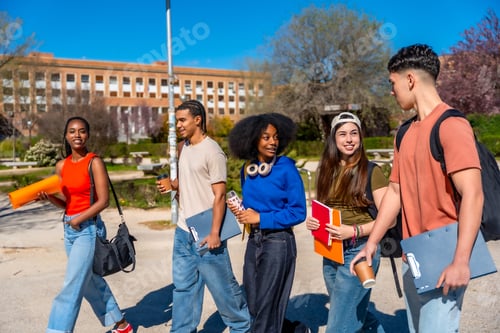 Preview: Diverse group of university students walking on campus