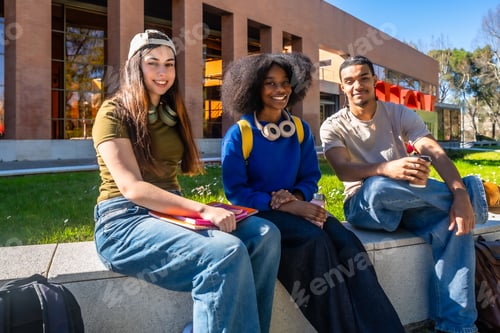 Preview: Diverse students sitting on campus wall enjoying break