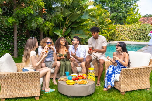 Preview: Friends enjoying backyard summer party, eating snacks and conversing outdoors